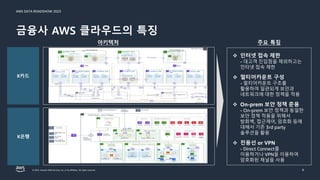 AWS DATA ROADSHOW 2023
© 2023, Amazon Web Services, Inc. or its affiliates. All rights reserved.
금융사 AWS 클라우드의 특징
6
아키텍처 주요 특징
❖ 인터넷 접속 제한
- 대고객 진입점을 제외하고는
인터넷 접속 제한
❖ 멀티어카운트 구성
- 멀티어카운트 구조를
활용하여 일관되게 보안과
네트워크에 대한 정책을 적용
❖ On-prem 보안 정책 준용
- On-prem 보안 정책과 동일한
보안 정책 적용을 위해서
방화벽, 접근제어, 암호화 등에
대해서 기존 3rd party
솔루션을 활용
❖ 전용선 or VPN
- Direct Connect를
이용하거나 VPN을 이용하여
암호화된 채널을 사용
K은행
K카드
 