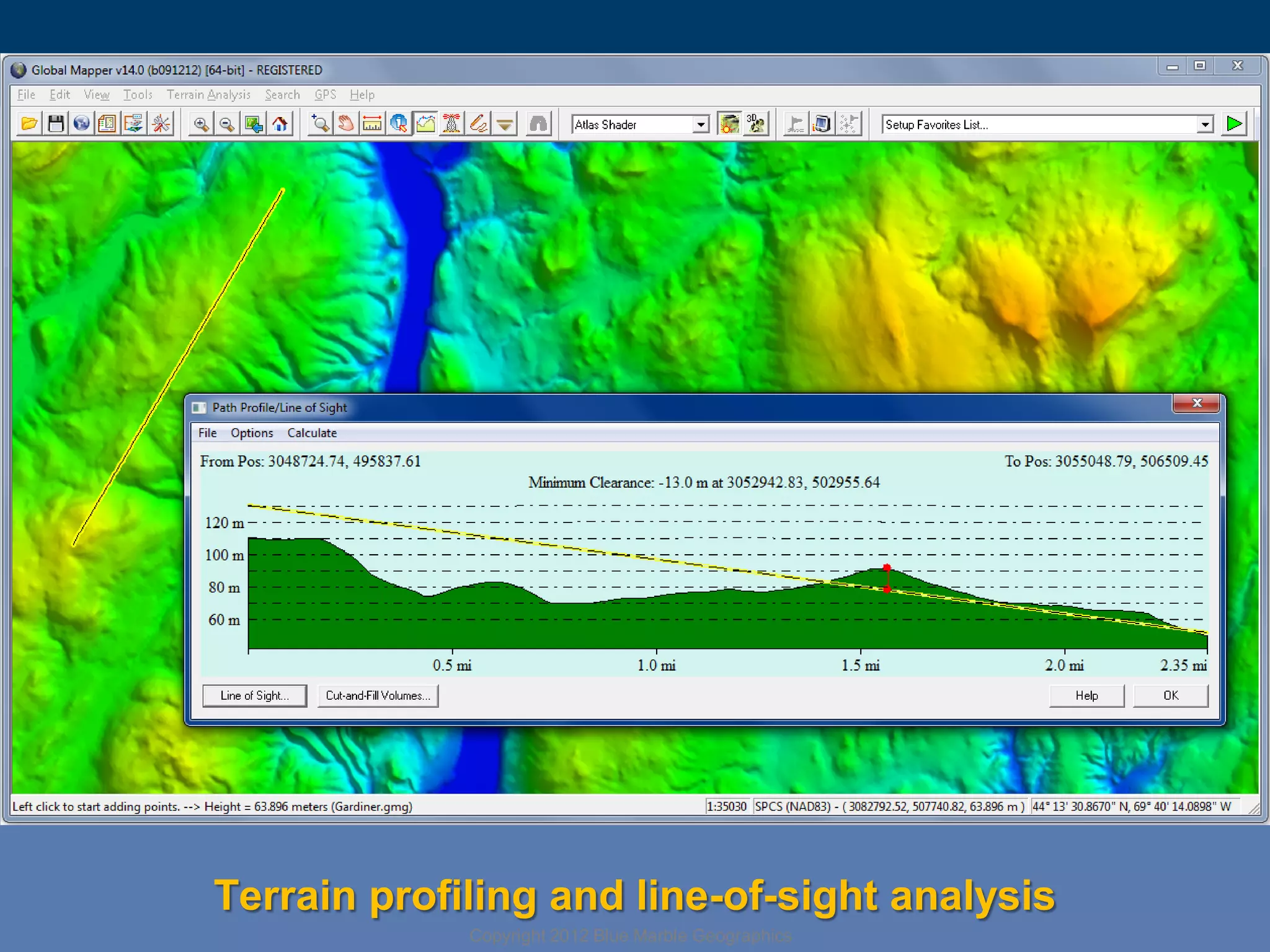 Terrain profiling and line-of-sight analysis
Copyright 2012 Blue Marble Geographics

 