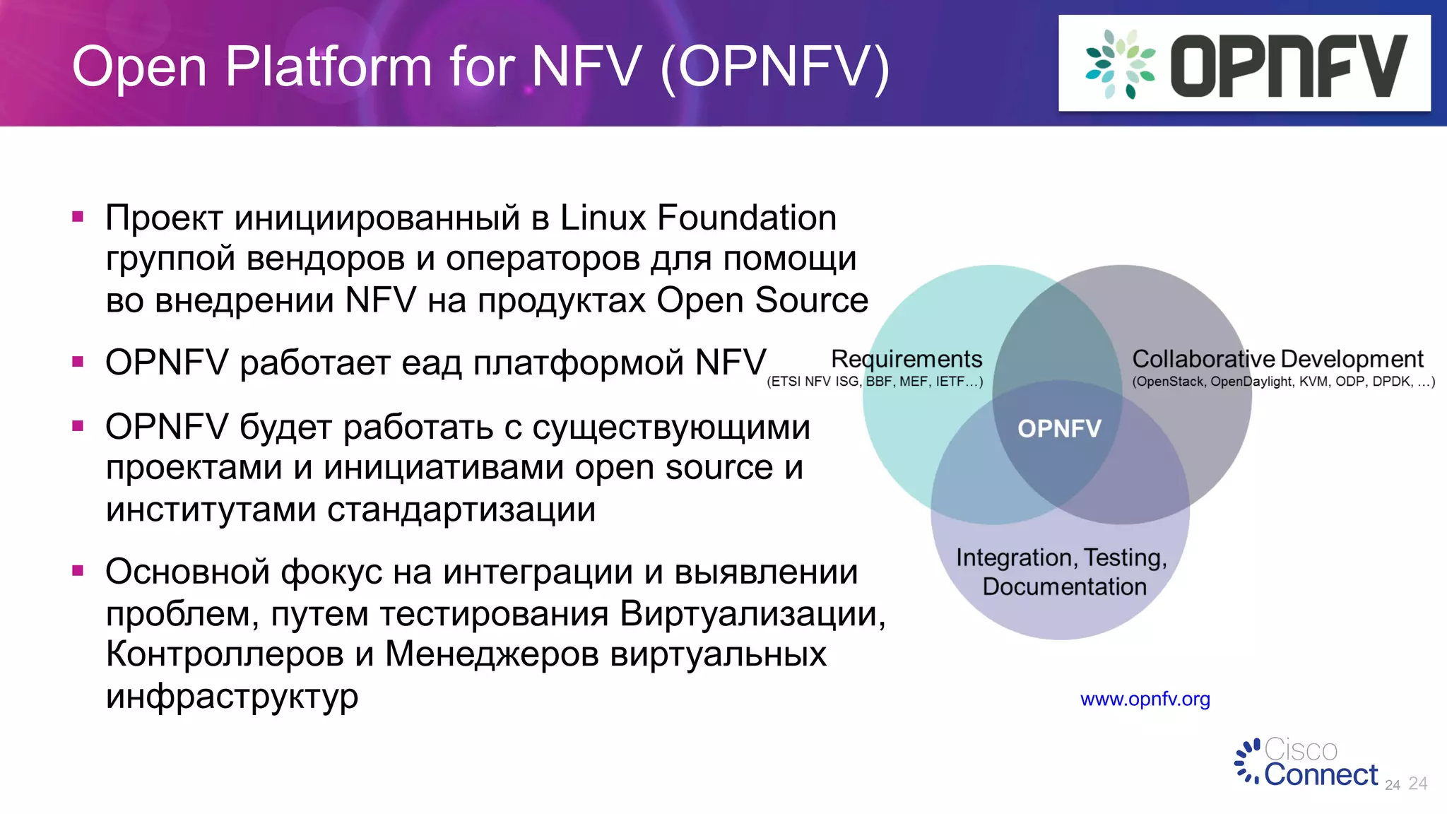24
§  Проект инициированный в Linux Foundation
группой вендоров и операторов для помощи
во внедрении NFV на продуктах Open Source
§  OPNFV работает еад платформой NFV
§  OPNFV будет работать с существующими
проектами и инициативами open source и
институтами стандартизации
§  Основной фокус на интеграции и выявлении
проблем, путем тестирования Виртуализации,
Контроллеров и Менеджеров виртуальных
инфраструктур
Open Platform for NFV (OPNFV)
www.opnfv.org
24
 