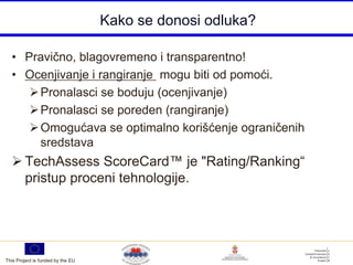 Kako se donosi odluka?

  • Pravično, blagovremeno i transparentno!
  • Ocenjivanje i rangiranje mogu biti od pomoći.
      Pronalasci se boduju (ocenjivanje)
      Pronalasci se poreden (rangiranje)
      Omogućava se optimalno korišćenje ograničenih
       sredstava
   TechAssess ScoreCard™ je "Rating/Ranking“
    pristup proceni tehnologije.




This Project is funded by the EU
 