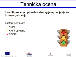 Tehnička ocena
  • Uraditi procenu optimalne strategije upravljanja za
    komercijalizaciju

  • Sistem semafora
      Kreni
      Kreni oprezno
      STOP!




This Project is funded by the EU
 