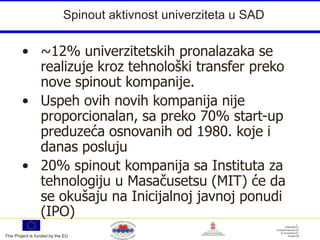 Spinout aktivnost univerziteta u SAD

        • ~12% univerzitetskih pronalazaka se
          realizuje kroz tehnološki transfer preko
          nove spinout kompanije.
        • Uspeh ovih novih kompanija nije
          proporcionalan, sa preko 70% start-up
          preduzeća osnovanih od 1980. koje i
          danas posluju
        • 20% spinout kompanija sa Instituta za
          tehnologiju u Masačusetsu (MIT) će da
          se okušaju na Inicijalnoj javnoj ponudi
          (IPO)
This Project is funded by the EU
 