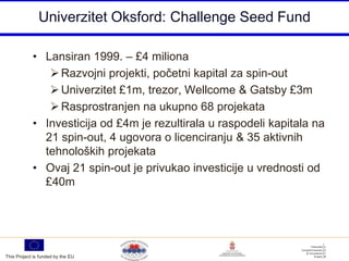 Univerzitet Oksford: Challenge Seed Fund

            • Lansiran 1999. – £4 miliona
                Razvojni projekti, početni kapital za spin-out
                Univerzitet £1m, trezor, Wellcome & Gatsby £3m
                Rasprostranjen na ukupno 68 projekata
            • Investicija od £4m je rezultirala u raspodeli kapitala na
              21 spin-out, 4 ugovora o licenciranju & 35 aktivnih
              tehnoloških projekata
            • Ovaj 21 spin-out je privukao investicije u vrednosti od
              £40m




This Project is funded by the EU
 
