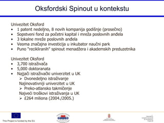 Oksfordski Spinout u kontekstu

        Univezitet Oksford
        • 1 patent nedeljno, 8 novih kompanija godišnje (prosečno)
        • Sopstveni fond za početni kapital i mreža poslovnih anđela
        • 3 lokalne mreže poslovnih anđela
        • Veoma značajna investicija u inkubator naučni park
        • Puno "recikliranih" spinout menadžera i akademskih preduzetnika

        Univezitet Oksford
        • 3,700 istraživača
        • 5,000 doktoranata
        • Najjači istraživački univerzitet u UK
             Dvonedeljno istraživanje
            Najinovativniji univerzitet u UK
             Preko-atlansko takmičenje
            Najveći troškovi istraživanja u UK
             £264 miliona (2004./2005.)




This Project is funded by the EU
 