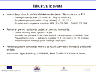 Iskustva iz sveta
  •     Investicije poslovnih anĎela daleko razvijenije u USA u odnosu na EU
                  • Godišnje investicije: USA ( 20 mlrd EUR) , EU ( 3-5 mlrd EUR )
                  • Broj aktivnih poslovnih anĎela: USA ( 250,000 ) , EU ( 75,000 )
                  • Prosečna vrednost početne investicije : USA ( 210,500 EUR ) , EU (165,000 EUR )


  •     Prosečan period realizacije projekta i povrata investicije:
                  •   Učešće poslovnog anĎela u projektu – 4 god
                  •   Investicije koje ne donose dobit (potpuni gubitak ili povraćaj investranog kapitala) – 2 god
                  •   Najuspešnije investicije – 4 god (povrat investicije 10x ili veći ostvari se na 10% projekata)
                  •   Prosečno uspešne investicije (povrat investicije 3-6x) 4-6 god


  •     Primeri poznatih kompanija koje su se razvili zahvaljući investiciji poslovnih
        anĎela:
        Amazon.com , Apple, BodyShop, VISTAPRINT, XING, STARBUCKS, Facebook, Twitter, ...




This Project is funded by the EU
 