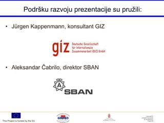 Podršku razvoju prezentacije su pružili:

  • Jürgen Kappenmann, konsultant GIZ




  • Aleksandar Čabrilo, direktor SBAN




This Project is funded by the EU   Improved SME Competitiveness and Innovation Project
 