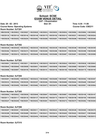 School: SCSE
                                   EXAM VENUE DETAIL
                                       CAT - I Examination
Date: 20 - 02 - 2013                        Slot: D1                       Time: 9.30 - 11.00
Course Name: Operating Systems                                             Course Code: CSE211
Room Number: SJT301
10BCE0358 11BCE0023 11BCE0027 11BCE0029 11BCE0033 11BCE0053 11BCE0054 11BCE0082 11BCE0084 11BCE0095
11BCE0124 11BCE0134 11BCE0142 11BCE0146 11BCE0178 11BCE0182 11BCE0214 11BCE0221 11BCE0223 11BCE0224
11BCE0238 11BCE0252 11BCE0254 11BCE0262 11BCE0268 11BCE0281 11BCE0283 11BCE0296 11BCE0305 11BCE0306


Room Number: SJT302
11BCE0320 11BCE0329 11BCE0332 11BCE0335 11BCE0336 11BCE0339 11BCE0342 11BCE0346 11BCE0348 11BCE0350
11BCE0362 11BCE0372 11BCE0374 11BCE0381 11BCE0385 11BCE0386 11BCE0391 11BCE0392 11BCE0398 11BCE0399
11BCE0401 11BCE0410 11BCE0416 11BCE0448 11BCE0458 11BCE0460 11BCE0467 11BCE0491 11BCE0502 11BCE0508


Room Number: SJT303
11BCE0001 11BCE0010 11BCE0011 11BCE0016 11BCE0018 11BCE0019 11BCE0024 11BCE0031 11BCE0038 11BCE0043
11BCE0045 11BCE0048 11BCE0050 11BCE0051 11BCE0057 11BCE0059 11BCE0061 11BCE0069 11BCE0074 11BCE0080
11BCE0088 11BCE0097 11BCE0105 11BCE0133 11BCE0151 11BCE0152 11BCE0158 11BCE0168 11BCE0170 11BCE0185


Room Number: SJT304
11BCE0201 11BCE0206 11BCE0232 11BCE0233 11BCE0260 11BCE0269 11BCE0287 11BCE0295 11BCE0302 11BCE0307
11BCE0333 11BCE0354 11BCE0355 11BCE0357 11BCE0382 11BCE0404 11BCE0408 11BCE0444 11BCE0446 11BCE0447
11BCE0450 11BCE0456 11BCE0461 11BCE0462 11BCE0473 11BCE0474 11BCE0486 11BCE0499 11BCE0501 11BCE0504


Room Number: SJT305
11BCE0002 11BCE0022 11BCE0036 11BCE0046 11BCE0047 11BCE0063 11BCE0087 11BCE0089 11BCE0106 11BCE0107
11BCE0111 11BCE0117 11BCE0135 11BCE0137 11BCE0149 11BCE0172 11BCE0174 11BCE0180 11BCE0184 11BCE0203
11BCE0247 11BCE0249 11BCE0251 11BCE0253 11BCE0261 11BCE0273 11BCE0274 11BCE0275 11BCE0282 11BCE0284


Room Number: SJT308
11BCE0297 11BCE0301 11BCE0308 11BCE0311 11BCE0312 11BCE0323 11BCE0328 11BCE0340 11BCE0365 11BCE0370
11BCE0389 11BCE0406 11BCE0409 11BCE0411 11BCE0413 11BCE0414 11BCE0420 11BCE0422 11BCE0437 11BCE0440
11BCE0442 11BCE0443 11BCE0445 11BCE0454 11BCE0463 11BCE0469 11BCE0475 11BCE0490 11BCE0496 11BCE0515


Room Number: SJT315




                                               3/14
 