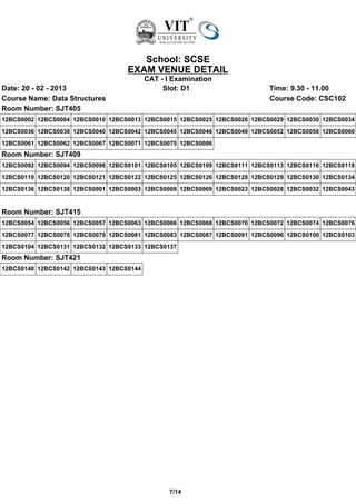 School: SCSE
                                   EXAM VENUE DETAIL
                                          CAT - I Examination
Date: 20 - 02 - 2013                           Slot: D1                    Time: 9.30 - 11.00
Course Name: Data Structures                                               Course Code: CSC102
Room Number: SJT405
12BCS0002 12BCS0004 12BCS0010 12BCS0013 12BCS0015 12BCS0025 12BCS0026 12BCS0029 12BCS0030 12BCS0034
12BCS0036 12BCS0038 12BCS0040 12BCS0042 12BCS0045 12BCS0046 12BCS0049 12BCS0052 12BCS0058 12BCS0060
12BCS0061 12BCS0062 12BCS0067 12BCS0071 12BCS0075 12BCS0086
Room Number: SJT409
12BCS0092 12BCS0094 12BCS0098 12BCS0101 12BCS0105 12BCS0109 12BCS0111 12BCS0113 12BCS0116 12BCS0118
12BCS0119 12BCS0120 12BCS0121 12BCS0122 12BCS0125 12BCS0126 12BCS0128 12BCS0129 12BCS0130 12BCS0134
12BCS0136 12BCS0138 12BCS0001 12BCS0003 12BCS0008 12BCS0009 12BCS0023 12BCS0028 12BCS0032 12BCS0043


Room Number: SJT415
12BCS0054 12BCS0056 12BCS0057 12BCS0063 12BCS0066 12BCS0068 12BCS0070 12BCS0072 12BCS0074 12BCS0076
12BCS0077 12BCS0078 12BCS0079 12BCS0081 12BCS0083 12BCS0087 12BCS0091 12BCS0096 12BCS0100 12BCS0103
12BCS0104 12BCS0131 12BCS0132 12BCS0133 12BCS0137
Room Number: SJT421
12BCS0140 12BCS0142 12BCS0143 12BCS0144




                                                 7/14
 