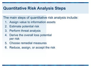 The main steps of quantitative risk analysis include:
1.
2.
3.
4.
Assign value to information assets
Estimate potential risk
Perform threat analysis
Derive the overall loss potential
per risk
Choose remedial measures
5.
6. Reduce, assign, or accept the risk
Quantitative Risk Analysis Steps
 
