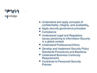 G
P
lob
a
al
rK
t
n
1
owledge
f>
Understand and apply concepts of
confidentiality, integrity, and availability.
Apply security governance principles
Compliance
Understand Legal and Regulatory
issues pertaining to Information Security
in a global context
Understand Professional Ethics
Develop and Implement Security Policy
Standards Procedures and Baselines
Understand Business Continuity
Requirements
Contribute to Personnel Security
Policies








 