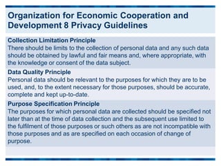 Collection Limitation Principle
There should be limits to the collection of personal data and any such data
should be obtained by lawful and fair means and, where appropriate, with
the knowledge or consent of the data subject.
Data Quality Principle
Personal data should be relevant to the purposes for which they are to be
used, and, to the extent necessary for those purposes, should be accurate,
complete and kept up-to-date.
Purpose Specification Principle
The purposes for which personal data are collected should be specified not
later than at the time of data collection and the subsequent use limited to
the fulfilment of those purposes or such others as are not incompatible with
those purposes and as are specified on each occasion of change of
purpose.
Organization for Economic Cooperation and
Development 8 Privacy Guidelines
 