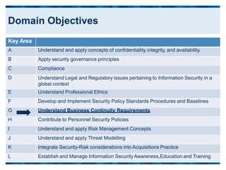 Key Area
A Understand and apply concepts of confidentiality, integrity, and availability.
B Apply security governance principles
C Compliance
D Understand Legal and Regulatory issues pertaining to Information Security in a
global context
E Understand Professional Ethics
F Develop and Implement Security Policy Standards Procedures and Baselines
G Understand Business Continuity Requirements
H Contribute to Personnel Security Policies
I Understand and apply Risk Management Concepts
J Understand and apply Threat Modelling
K Integrate Security-Risk considerations into Acquisitions Practice
L Establish and Manage Information SecurityAwareness,Education and Training
Domain Objectives
 