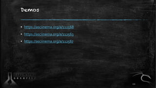 Demos
▪ https://asciinema.org/a/112568
▪ https://asciinema.org/a/112563
▪ https://asciinema.org/a/112567
122
 