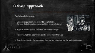 Testing Approach
▪ Go behind the scenes
– Using this approach, we found 80+ exploitable
Remote Code Execution vulnerabilit...