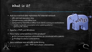 What is it?
▪ Acts as a central data repository for internal network
– URL and mail reputation data
– Complimentary with Office Scan
– Consumed byTrend Micro Office Scan clients running on workstations
▪ Smaller bandwidth consumption when updating patterns /
querying URL validity
▪ Apache + PHP 5 onWindows
▪ How many vulnerabilities in this product?
– 3x OS Command Injection vulnerabilities (1x introduced with a patch!)
– 4x Privilege Escalation vulnerabilities
▪ Java codebase was actually quite strong
… but… PHP had multiple vulnerabilities
23
 
