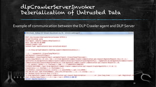 dlpCrawlerServerInvoker
Deserialization of Untrusted Data
Example of communication between the DLP Crawler agent and DLP Server
39
 