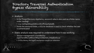 Directory Traversal Authentication
Bypass Vulnerability
▪ Analysis
– In theThreat Discovery Appliance, sessionid value is also used as a folder name
under /var/log/
▪ e.g. /var/log/e8d49ad18d202d671fffcd5e7f37ba8b
– Inside the sessionid folder, a SQLite database is used to check whether the user
is authenticated
▪ Static analysis was required to understand how it was working
– Session management is handled by:
/opt/TrendMicro/MinoritReport/lib/mini_httpd/utils.so
▪ In this library, the logoff mechanism caught our attention
87
 