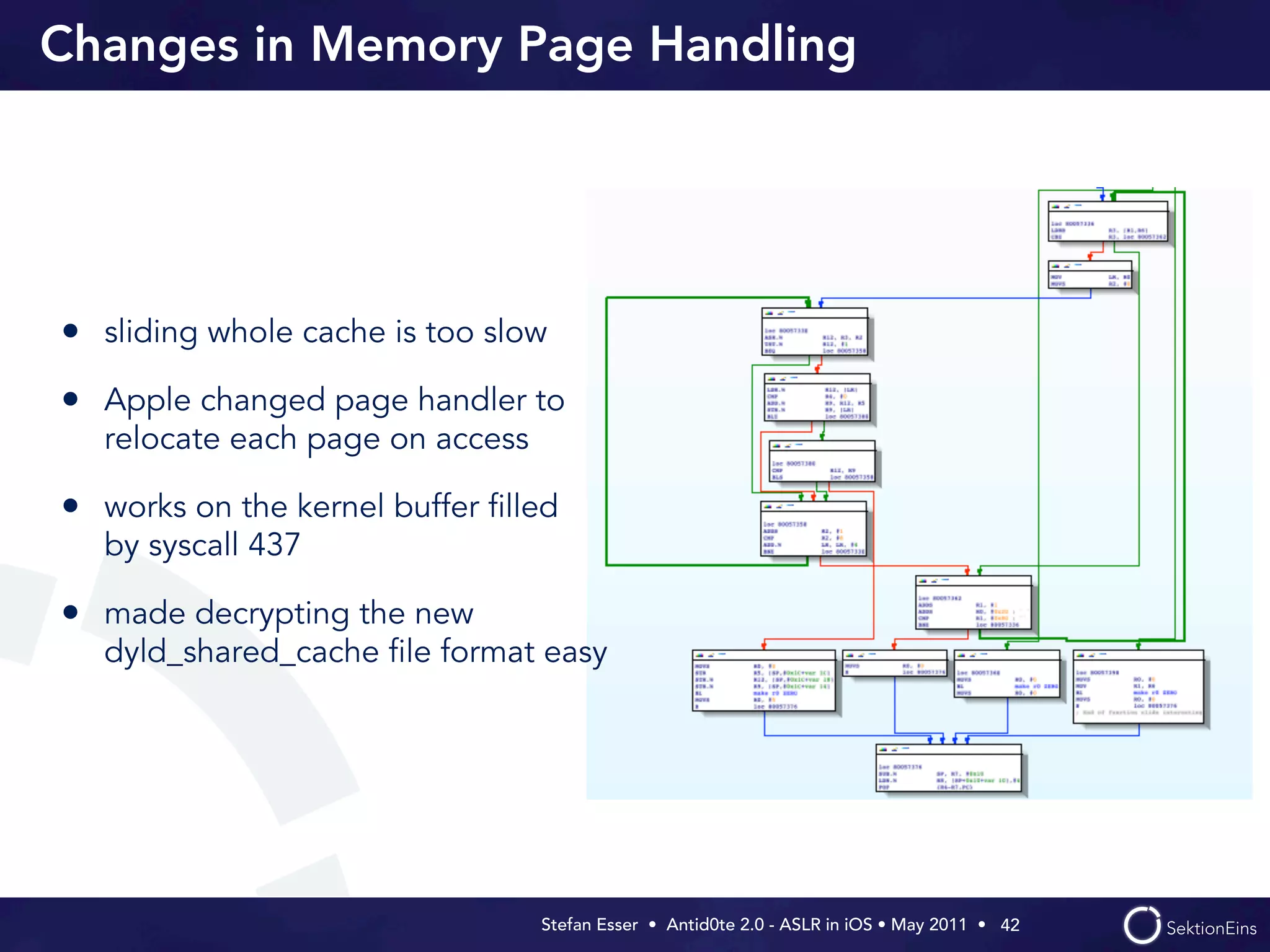 Changes in Memory Page Handling




• sliding whole cache is too slow
• Apple changed page handler to
  relocate each page on access

• works on the kernel buffer ﬁlled
  by syscall 437

• made decrypting the new
  dyld_shared_cache ﬁle format easy




                                 Stefan Esser • Antid0te 2.0 - ASLR in iOS • May 2011 •  42
 