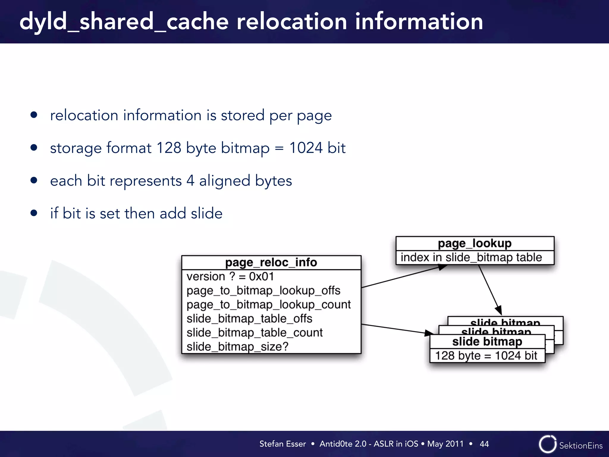 dyld_shared_cache relocation information


• relocation information is stored per page
• storage format 128 byte bitmap = 1024 bit
• each bit represents 4 aligned bytes
• if bit is set then add slide




                                 Stefan Esser • Antid0te 2.0 - ASLR in iOS • May 2011 •  44
 