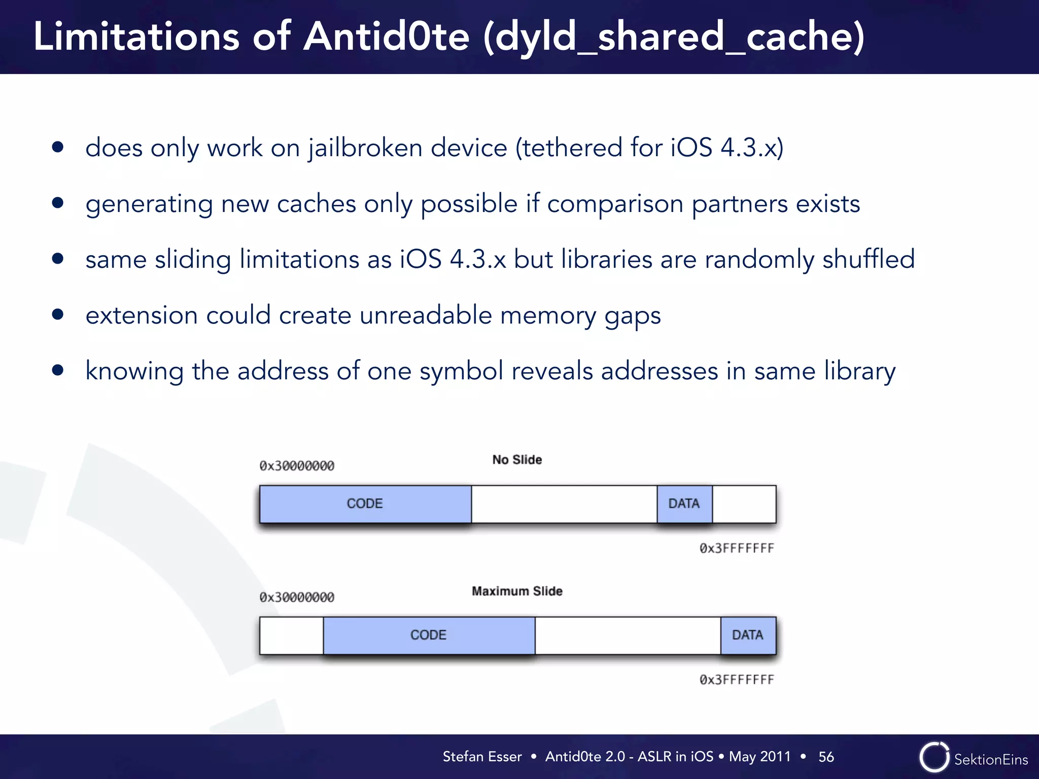 Limitations of Antid0te (dyld_shared_cache)

• does only work on jailbroken device (tethered for iOS 4.3.x)
• generating new caches only possible if comparison partners exists
• same sliding limitations as iOS 4.3.x but libraries are randomly shufﬂed
• extension could create unreadable memory gaps
• knowing the address of one symbol reveals addresses in same library




                                 Stefan Esser • Antid0te 2.0 - ASLR in iOS • May 2011 •  56
 