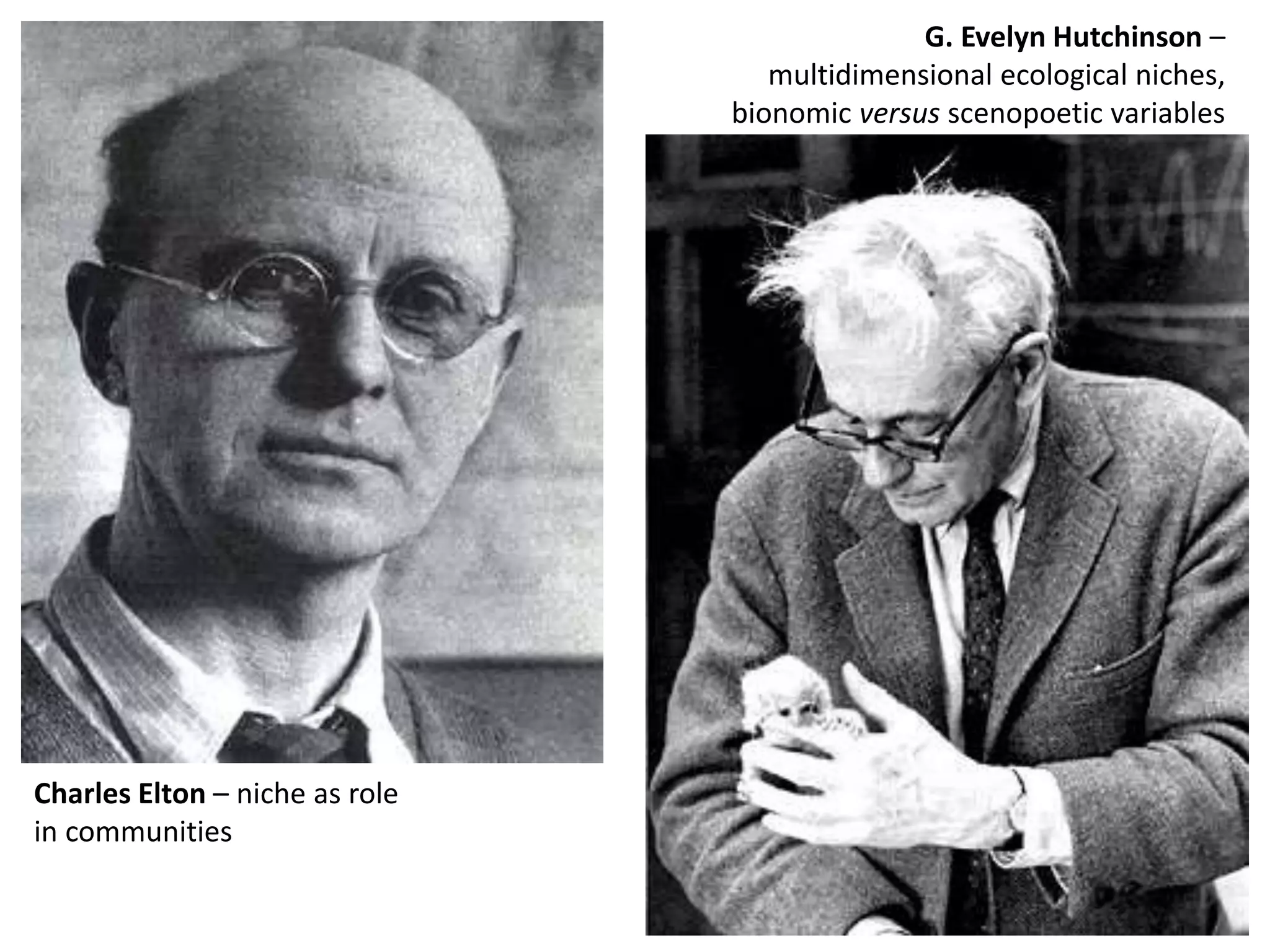 Charles Elton – niche as role
in communities
G. Evelyn Hutchinson –
multidimensional ecological niches,
bionomic versus scenopoetic variables
 