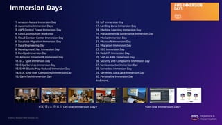 © 2022, Amazon Web Services, Inc.
Immersion Days
1. Amazon Aurora Immersion Day
2. Automotive Immersion Days
3. AWS Control Tower Immersion Day
4. Cost Optimization Workshop
5. Cloud Contact Center Immersion Day
6. Database Migration Immersion Day
7. Data Engineering Day
8. Development .Net Immersion Day
9. DevOps Immersion Day
10. Amazon DynamoDB Immersion Day
11. EC2 Spot Immersion Day
12. Edge Services Immersion Day
13. EMR (Elastic Map Reduce) Immersion Day
14. EUC (End-User Computing) Immersion Day
15. GameTech Immersion Day
<대/중/소 규모의 On-site Immersion Day> <On-line Immersion Day>
16. IoT Immersion Day
17. Landing Zone Immersion Day
18. Machine Learning Immersion Day
19. Management & Governance Immersion Day
20. Media Immersion Day
21. Microsoft Immersion Day
22. Migration Immersion Day
23. RDS Immersion Day
24. Redshift Immersion Day
25. SAP on AWS Immersion Day
26. Security and Compliance Immersion Day
27. Semiconductor Immersion Day
28. Serverless Immersion Day
29. Serverless Data Lake Immersion Day
30. Personalize Immersion Day
And more..
 