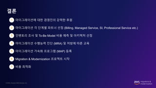© 2022, Amazon Web Services, Inc.
결론
마이그레이션 각 단계별 파트너 선정 (Billing, Managed Service, SI, Professional Service etc.)
2
1
인벤토리 조사 및 To-Be Model 비용 예측 및 아키텍처 선정
3
마이그레이션에 대한 경영진의 강력한 후원
마이그레이션 가속화 프로그램 (MAP) 등록
4
Migration & Modernization 프로젝트 시작
5
6
비용 최적화
마이그레이션 수행능력 진단 (MRA) 및 처방에 따른 교육
7
 