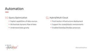 #DenodoDataFest
Automation
Query Optimization
▪ Exploit capabilities of data sources
▪ Orchestrate dynamic flow of data
▪ Understand data gravity
Hybrid/Multi-Cloud
▪ Push-button infrastructure deployment
▪ Support for scaled/elastic environments
▪ Enabled DataOps/DevOps processes
 