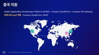 © 2023, Amazon Web Services, Inc. or its affiliates. All rights reserved.
Global Application Acceleration Platform (GAAP) – Amazon CloudFront – Amazon API Gateway
(Proxy) - Amazon CloudFront, GAAP
 