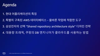 © 2023, Amazon Web Services, Inc. or its affiliates. All rights reserved.
1.
2. AWS -
3. “Shared repository architecture style”
4. 대용량 트래픽, 쿠팡의 DB 엔지니어가 클라우드를 사용하는 방법
Agenda
 