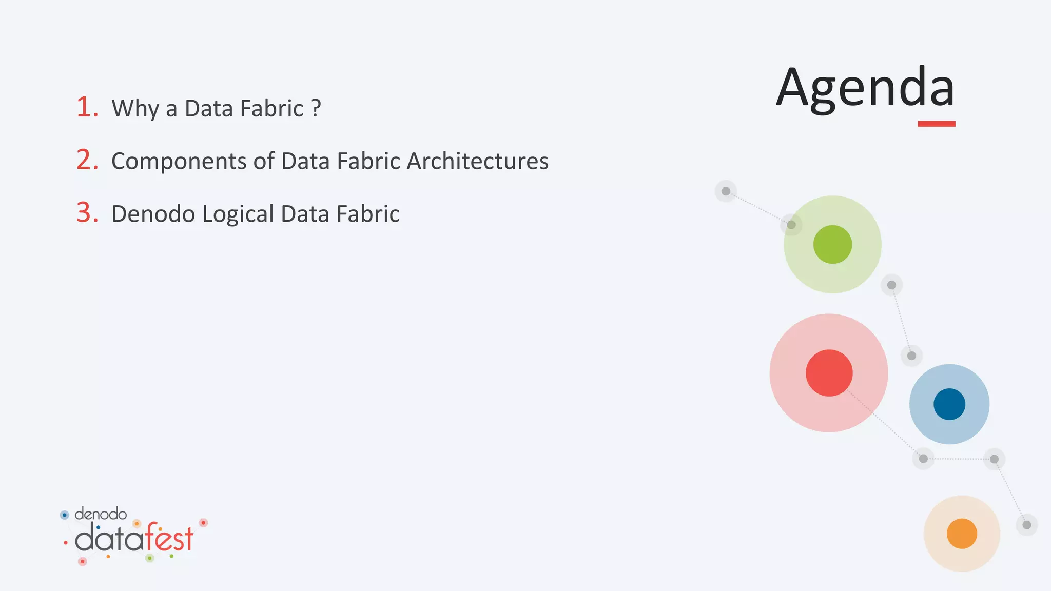 Agenda
1. Why a Data Fabric ?
2. Components of Data Fabric Architectures
3. Denodo Logical Data Fabric
 
