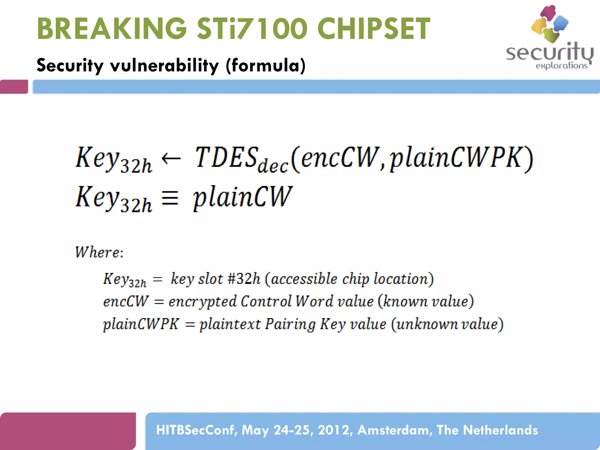 BREAKING STi7100 CHIPSET
Security vulnerability (formula)

HITBSecConf, May 24-25, 2012, Amsterdam, The Netherlands

 