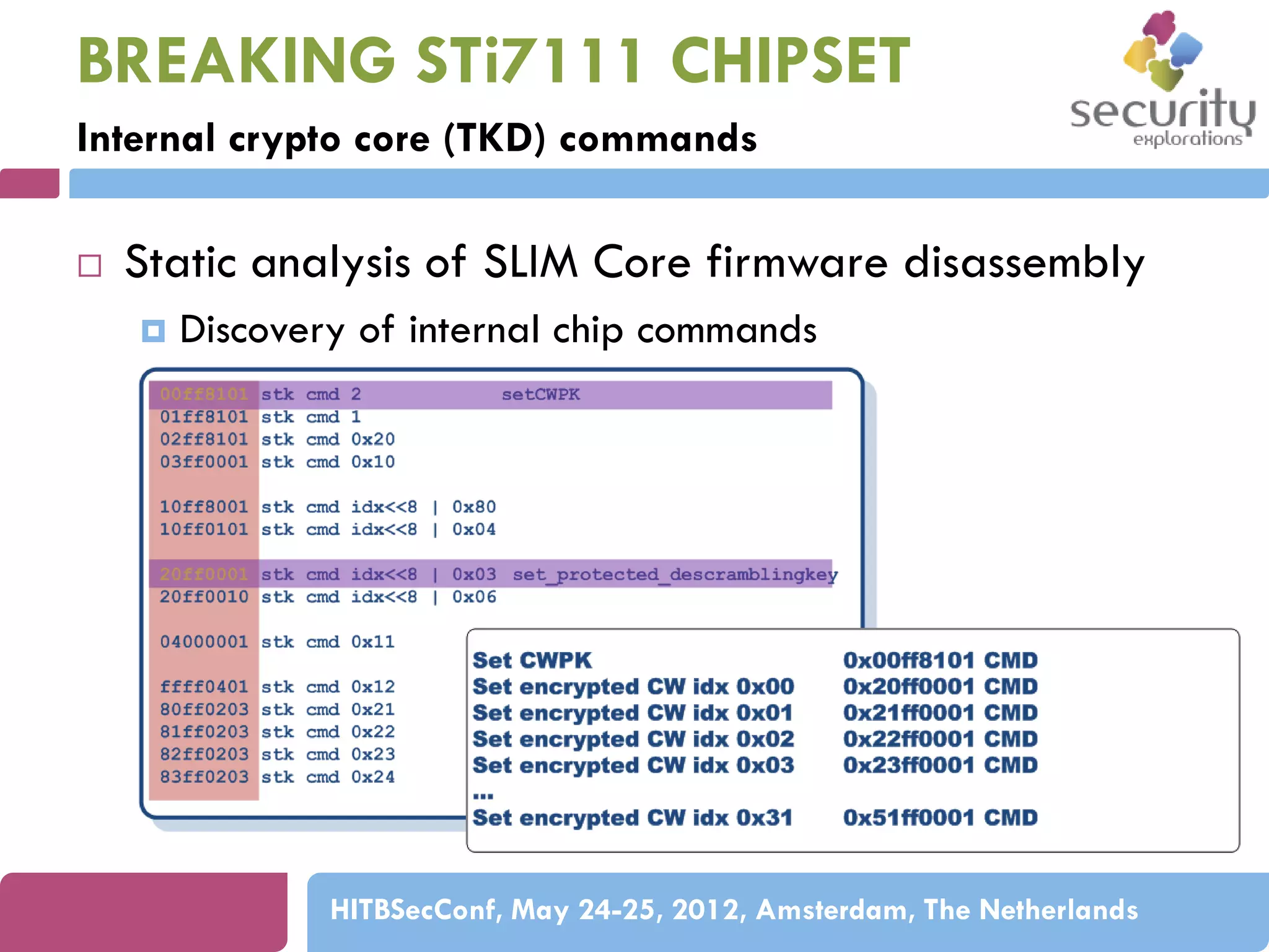 BREAKING STi7111 CHIPSET
Internal crypto core (TKD) commands


Static analysis of SLIM Core firmware disassembly


Discovery of internal chip commands

HITBSecConf, May 24-25, 2012, Amsterdam, The Netherlands

 