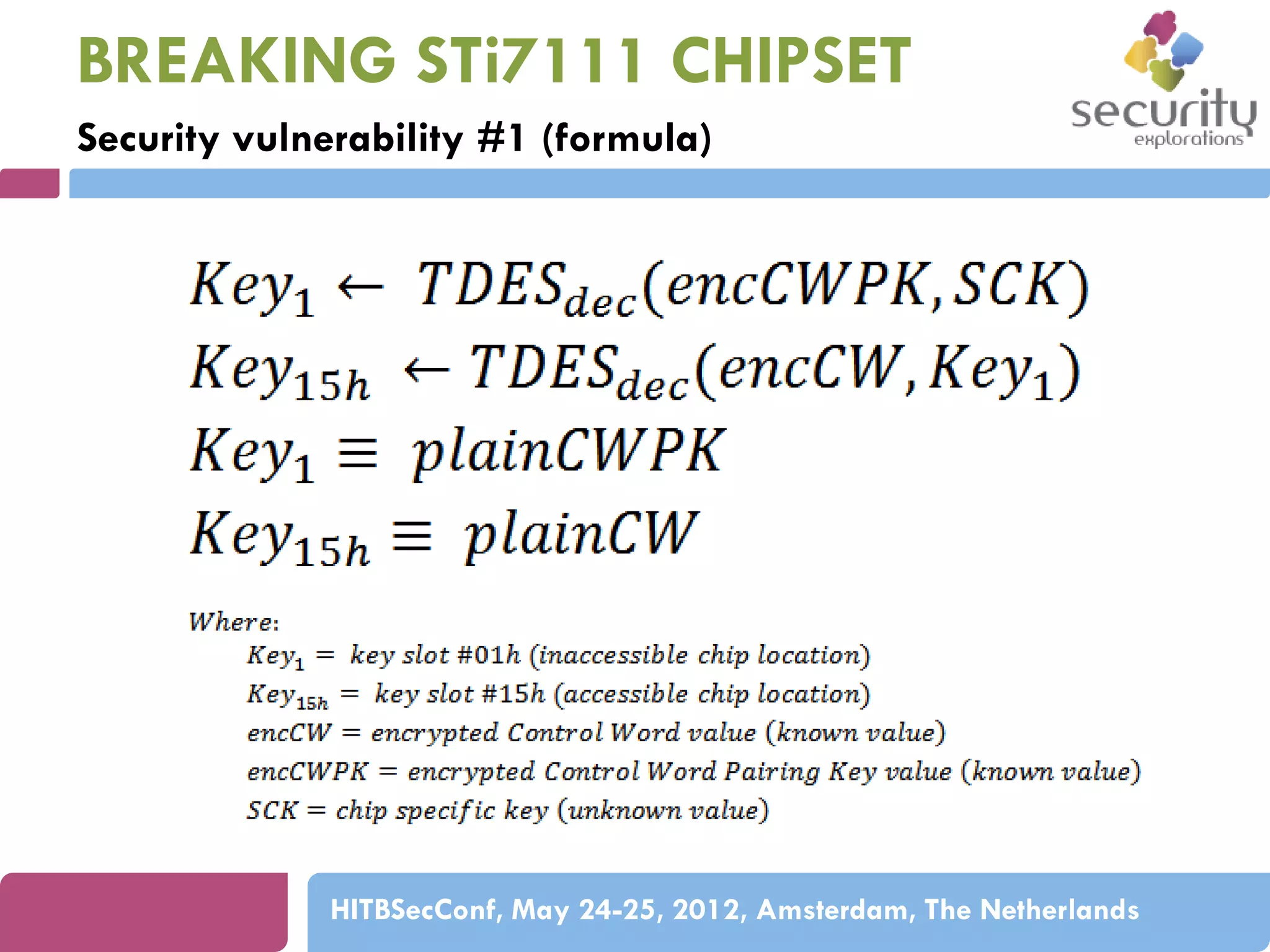 BREAKING STi7111 CHIPSET
Security vulnerability #1 (formula)

HITBSecConf, May 24-25, 2012, Amsterdam, The Netherlands

 