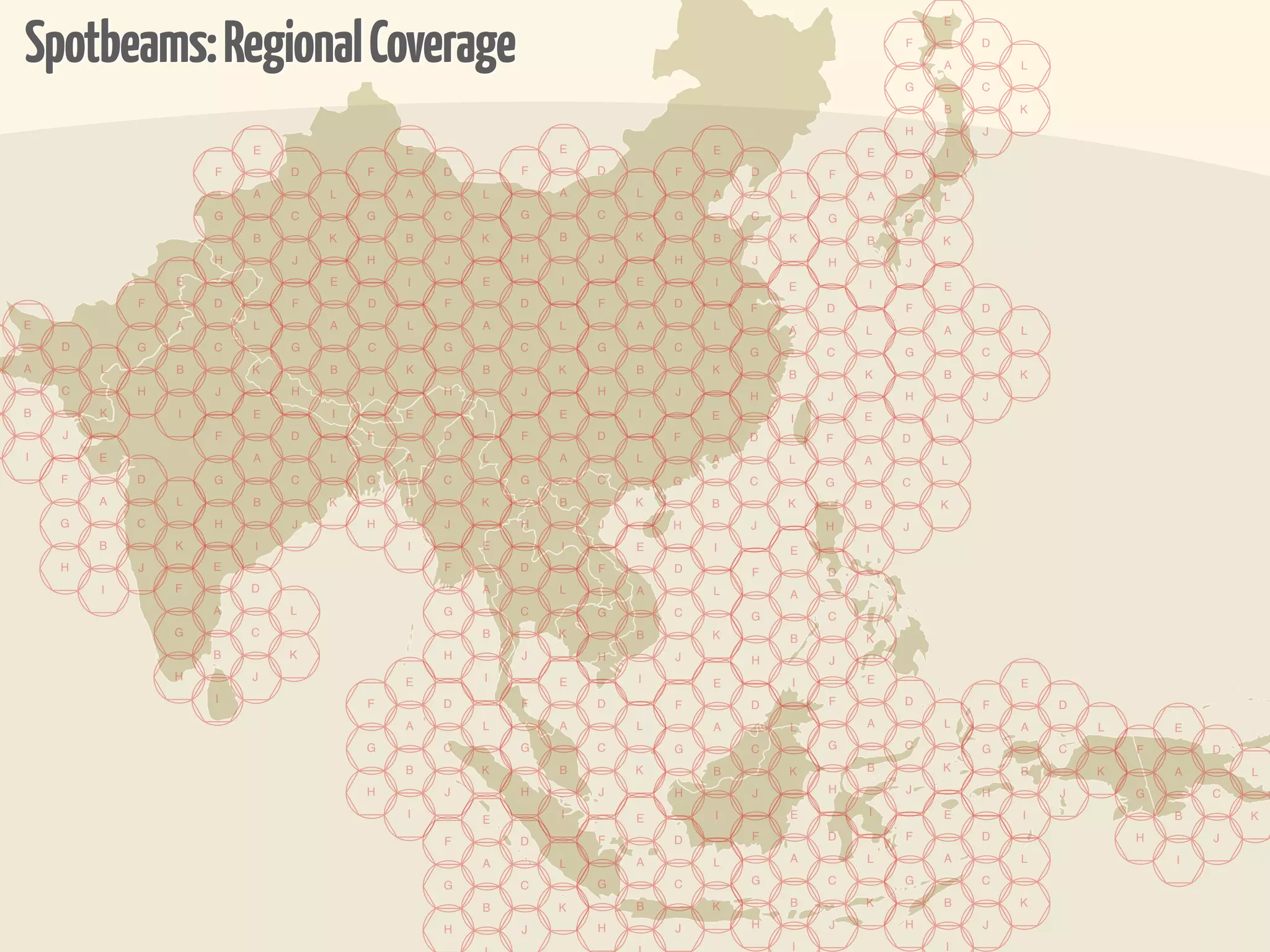 Spotbeams: Regional Coverage
                                                                                                E
                                                                                            F       D
                                                                                                A       L
                                                                                            G       C
                                                                                                B       K
                                                                                            H       J
                        E               E               E               E               E       I
                    F       D       F       D       F       D       F       D       F       D
                        A       L       A       L       A       L       A       L       A       L
                    G       C       G       C       G       C       G       C       G       C
                        B       K       B       K       B       K       B       K       B       K
                    H       J       H       J       H       J       H       J       H       J
                E       I       E       I       E       I       E       I       E       I       E
            F       D       F       D       F       D       F       D       F       D       F       D
E               A       L       A       L       A       L       A       L       A       L       A       L
    D       G       C       G       C       G       C       G       C       G       C       G       C
A       L       B       K       B       K       B       K       B       K       B       K       B       K
    C       H       J       H       J       H       J       H       J       H               H
                                                                                    J               J
B       K       I       E       I       E       I       E       I       E       I       E       I
    J               F       D       F       D       F       D       F       D       F       D
I       E               A       L       A       L       A       L       A       L       A       L
    F       D       G       C       G       C       G       C       G       C       G       C
        A       L       B       K       B       K       B       K       B       K       B       K
    G       C       H       J       H       J       H       J       H       J       H       J
        B       K       I               I       E       I       E       I       E       I
    H       J       E                       F       D       F       D       F       D
        I       F       D                       A       L       A       L       A       L
                    A       L               G       C       G       C       G       C
                G       C                       B       K       B       K       B       K
                    B       K               H       J       H       J       H       J
                H       J               E       I       E       I                       E
                                                                        E       I                       E
                    I               F       D       F       D                       F       D
                                                                    F       D                       F       D
                                        A       L       A       L       A       L       A       L       A       L       E
                                    G       C       G       C       G       C       G       C       G       C       F       D
                                        B       K       B       K       B       K       B       K       B       K       A       L
                                    H       J       H       J       H       J       H       J       H       J       G       C
                                        I               I               I       E       I       E       I               B       K
                                                E               E
                                            F       D       F       D       F       D       F       D               H       J

                                                A       L       A       L       A       L       A       L               I

                                            G       C       G       C       G       C       G       C

                                                B       K       B       K       B       K       B       K

                                            H       J       H       J       H       J       H       J
                                                                                I               I
 