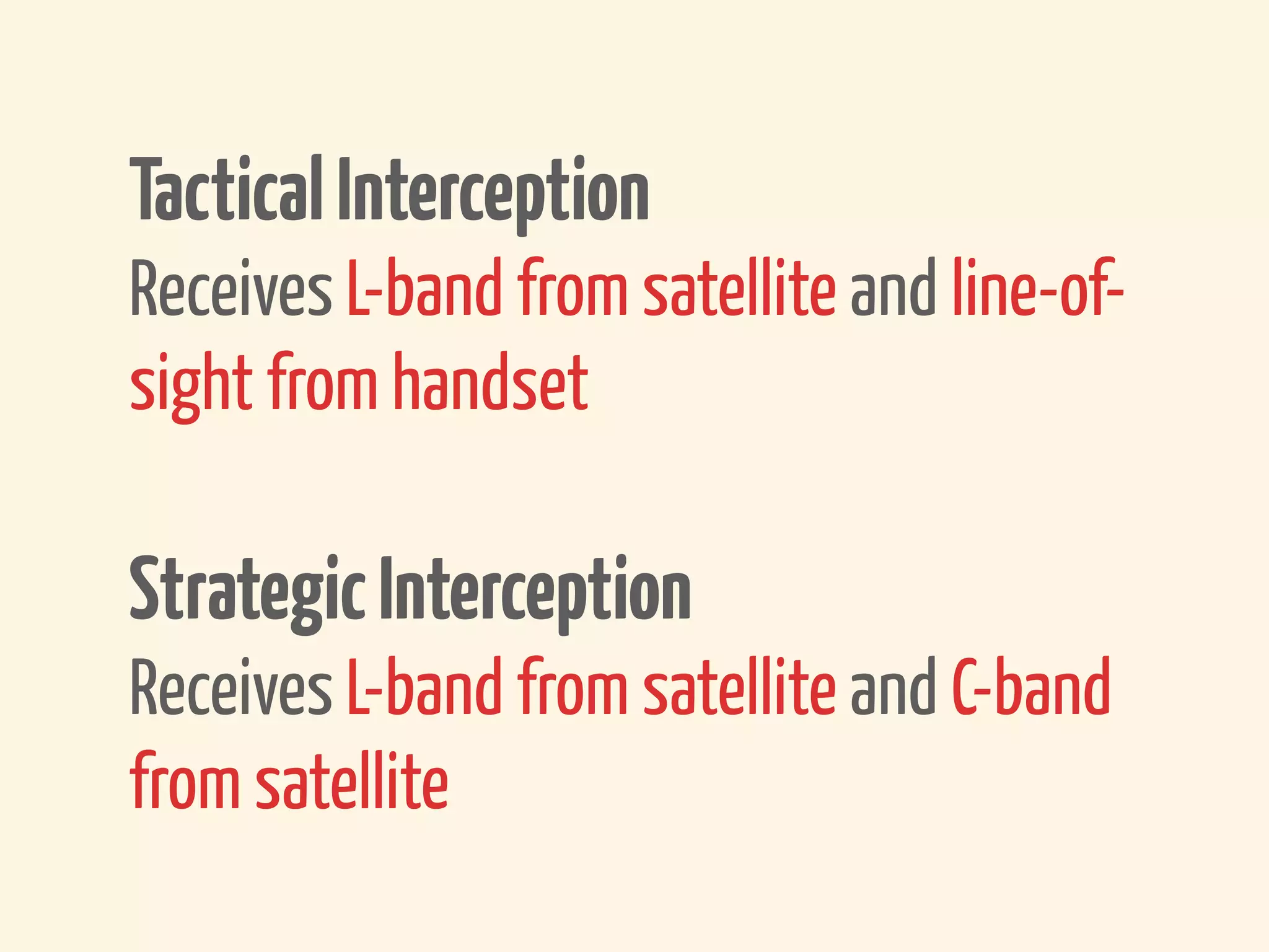 Tactical Interception
Receives L-band from satellite and line-of-
sight from handset

Strategic Interception
Receives L-band from satellite and C-band
from satellite
 