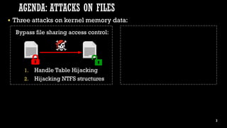 ▪ Three attacks on kernel memory data:
1. Handle Table Hijacking
2. Hijacking NTFS structures
Bypass file sharing access c...
