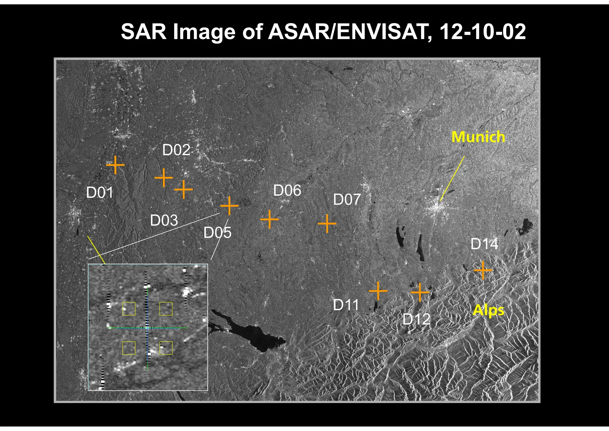 SAR Image of ASAR/ENVISAT, 12-10-02
D14
D01 D06
D02
D07
D03
D05
D11
D12
Munich
Alps
Strasbourg
 