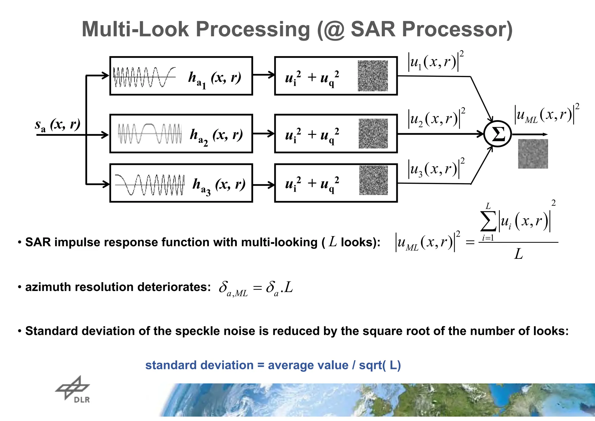 Σ
ui
2 + uq
2
sa (x, r)
ha3
(x, r)
ha2
(x, r)
ha1
(x, r)
ui
2 + uq
2
ui
2 + uq
2
• SAR impulse response function with multi-looking ( L looks):
• azimuth resolution deteriorates:
• Standard deviation of the speckle noise is reduced by the square root of the number of looks:
standard deviation = average value / sqrt( L)
 
2
2 1
,
( , ) 


L
i
i
ML
u x r
u x r
L
2
( , )
ML
u x r
2
1( , )
u x r
Multi-Look Processing (@ SAR Processor)
2
2 ( , )
u x r
2
3( , )
u x r
, .
 

a ML a L
 