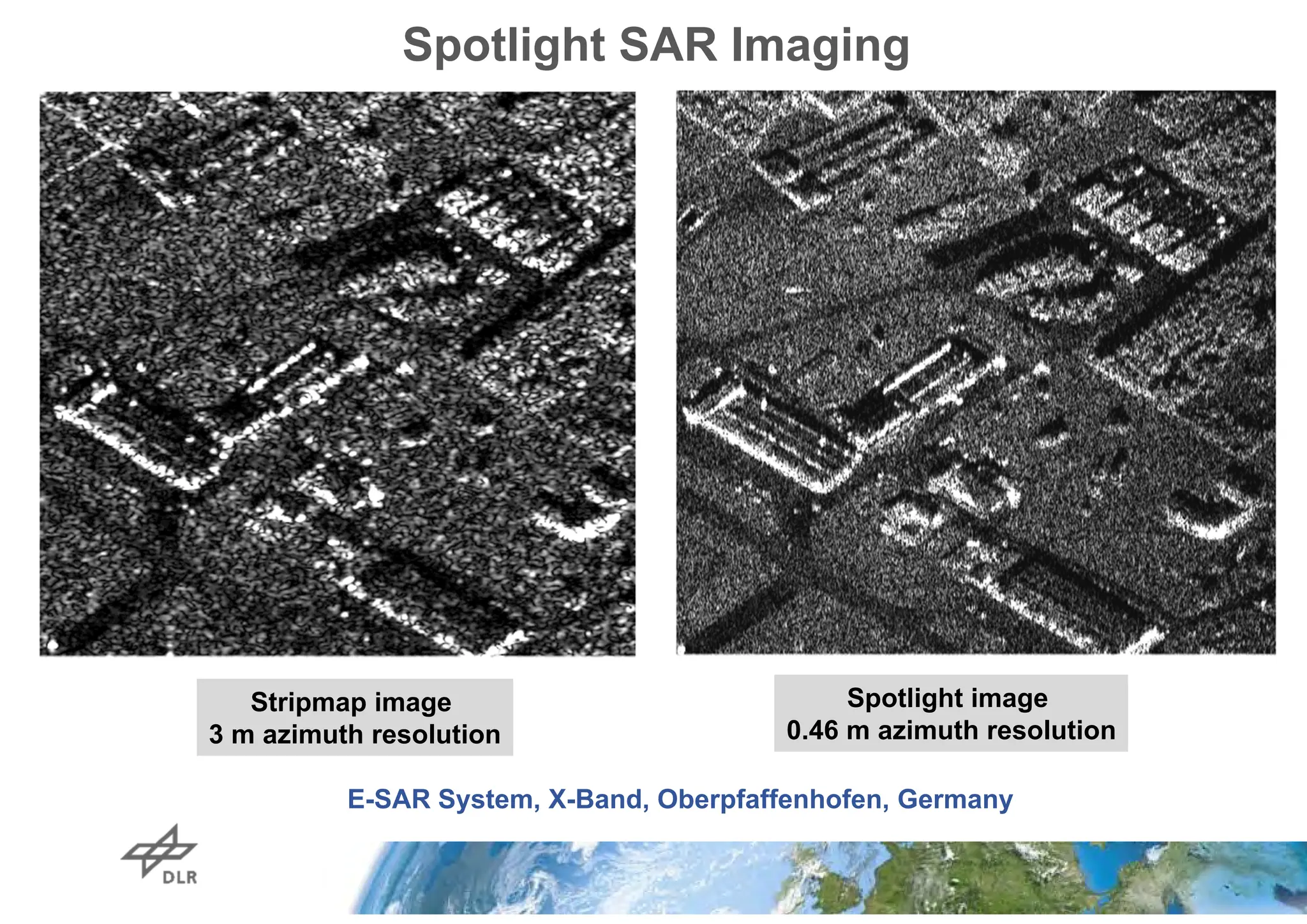 Stripmap image
3 m azimuth resolution
Spotlight image
0.46 m azimuth resolution
E-SAR System, X-Band, Oberpfaffenhofen, Germany
Spotlight SAR Imaging
 