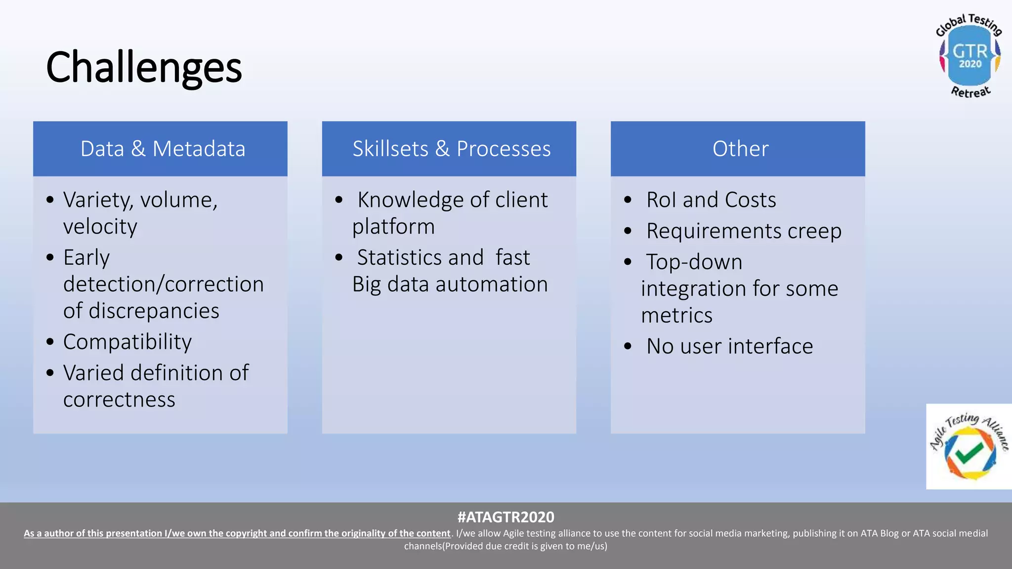 #ATAGTR2020
As a author of this presentation I/we own the copyright and confirm the originality of the content. I/we allow Agile testing alliance to use the content for social media marketing, publishing it on ATA Blog or ATA social medial
channels(Provided due credit is given to me/us)
#ATAGTR2020
As a author of this presentation I/we own the copyright and confirm the originality of the content. I/we allow Agile testing alliance to use the content for social media marketing, publishing it on ATA Blog or ATA social medial
channels(Provided due credit is given to me/us)
Challenges
Data & Metadata
• Variety, volume,
velocity
• Early
detection/correction
of discrepancies
• Compatibility
• Varied definition of
correctness
Skillsets & Processes
• Knowledge of client
platform
• Statistics and fast
Big data automation
Other
• RoI and Costs
• Requirements creep
• Top-down
integration for some
metrics
• No user interface
 