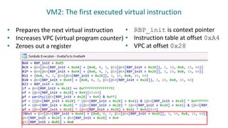 • Prepares the next virtual instruction
• Increases VPC (virtual program counter)
• Zeroes out a register
• RBP_init is context pointer
• Instruction table at offset 0xA4
• VPC at offset 0x28
VM2: The first executed virtual instruction
 