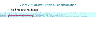 VM2: Virtual instruction 4 - deobfuscation
• The first original block
 