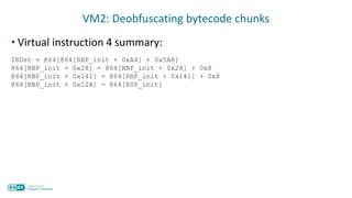 • Virtual instruction 4 summary:
VM2: Deobfuscating bytecode chunks
IRDst = @64[@64[RBP_init + 0xA4] + 0x5A8]
@64[RBP_init + 0x28] = @64[RBP_init + 0x28] + 0x8
@64[RBP_init + 0x141] = @64[RBP_init + 0x141] + 0x8
@64[RBP_init + 0x12A] = @64[RSP_init]
 
