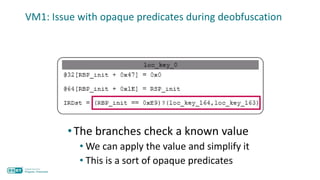 VM1: Issue with opaque predicates during deobfuscation
•The branches check a known value
• We can apply the value and simplify it
• This is a sort of opaque predicates
 