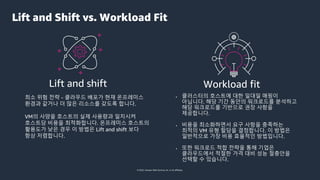 © 2022, Amazon Web Services, Inc. or its affiliates.
Lift and shift
• 클러스터의 호스트에 대한 일대일 매핑이
아닙니다. 해당 기간 동안의 워크로드를 분석하고
해당 워크로드를 기반으로 권장 사항을
제공합니다.
• 비용을 최소화하면서 요구 사항을 충족하는
최적의 VM 유형 할당을 결정합니다. 이 방법은
일반적으로 가장 비용 효율적인 방법입니다.
• 또한 워크로드 적합 전략을 통해 기업은
클라우드에서 적절한 가격 대비 성능 절충안을
선택할 수 있습니다.
Workload fit
• 최소 위험 전략 - 클라우드 배포가 현재 온프레미스
환경과 같거나 더 많은 리소스를 갖도록 합니다.
• VM의 사양을 호스트의 실제 사용량과 일치시켜
호스트당 비용을 최적화합니다. 온프레미스 호스트의
활용도가 낮은 경우 이 방법은 Lift and shift 보다
항상 저렴합니다.
Lift and Shift vs. Workload Fit
 