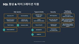 © 2022, Amazon Web Services, Inc. or its affiliates.
SQL 향상 & 마이그레이션 지원
Tooling &
connectivity
Open Source
Python & JDBC Drivers
RSQL -command line tool
with improved control flow
and BTEQ support
SQL Alchemy, Apache
Airflow, and QueryBook
support
Security
Column Level
Permissions
Tokenization
via Lambda UDFs
IAM integration
Azure AD, AD, Okta,
Ping Federate
Types & limits
VARBYTE
Time & TimeTZ
GEOGRAPHY
100,000 Tables
10,000 SPs
SUPER
(semi-structured data)
NEW
NEW
SQL Syntax
Stored Procedure
Enhancements
Recursive CTE
Numeric and
Textual Casting
Case Sensitivity
PIVOT/UNPIVOT
HyperLogLog Unload to JSON
NEW
NEW
 
