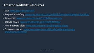 © 2022, Amazon Web Services, Inc. or its affiliates.
Amazon Redshift Resources
• Visit www.aws.com/redshift
• Request a briefing: www.aws.amazon.com/redshift/data-warehouse-migration/
• Resources: www.aws.amazon.com/redshift/resources/
• Browse FAQs: www.aws.amazon.com/redshift/faqs/
• AWS Big Data blog: www.aws.amazon.com/blogs/big-data/
• Customer stories: www.aws.amazon.com/big-data/datalakes-and-
analytics/customers/
 