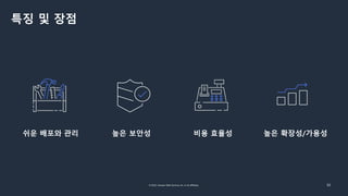 © 2022, Amazon Web Services, Inc. or its affiliates. 32
특징 및 장점
쉬운 배포와 관리 높은 보안성 비용 효율성 높은 확장성/가용성
 
